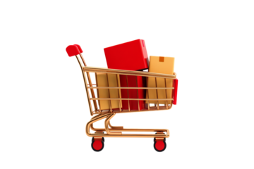 3D Black Friday shopping trolley icon filled with sale items isolated on transparent background 