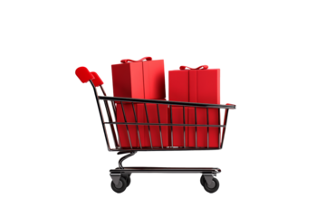 3D Black Friday shopping trolley icon filled with sale items isolated on transparent background 