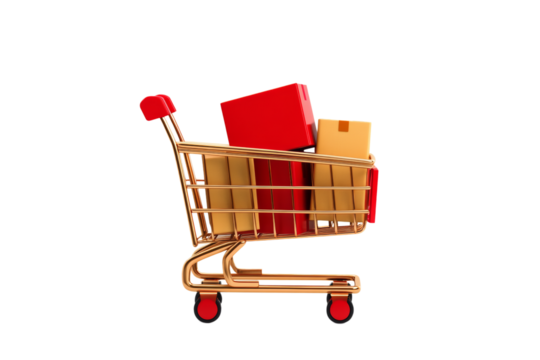 3D Black Friday shopping trolley icon filled with sale items isolated on transparent background 