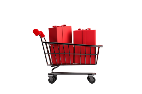 3D Black Friday shopping trolley icon filled with sale items isolated on transparent background 
