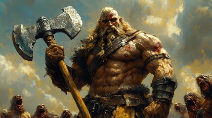 Obraz premium Towering Barbarian Warlord Wielding Massive Double-Bladed Axe Against Snarling Bestial Raiders