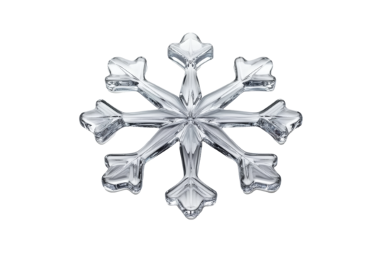 3D glass snowflake with intricate details and frosty edges top view isolated on transparent background 