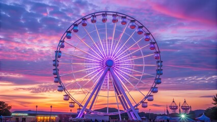 Vibrant Ferris wheel and carnival lights illuminate against a breathtaking sunset backdrop of warm oranges, pinks, and purples, casting a magical glow on the scene.