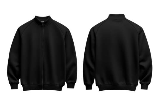 Charcoal black pullover front and back mock up with zip up collar and modern fit isolated on transparent background 