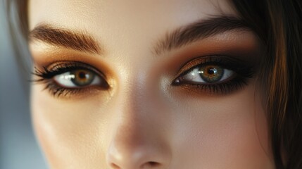 Naklejka premium The woman's captivating green-brown eyes are highlighted with bold makeup, showcasing intricate details and vibrant colors under soft, natural light.