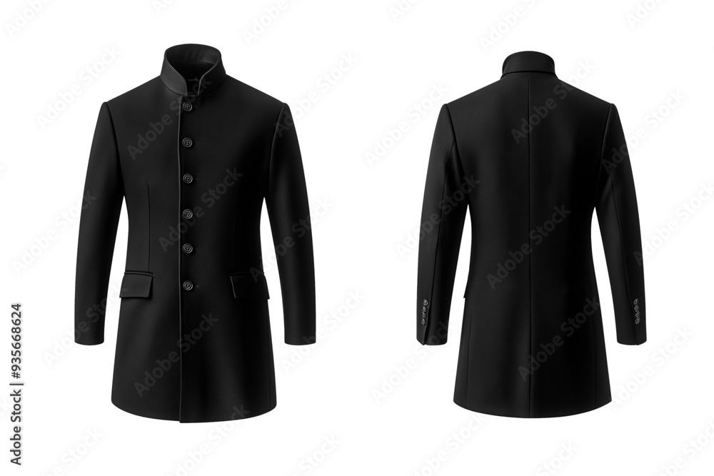 Poster classic black coat front and back mock up with tailored fit and button details isolated on transpare