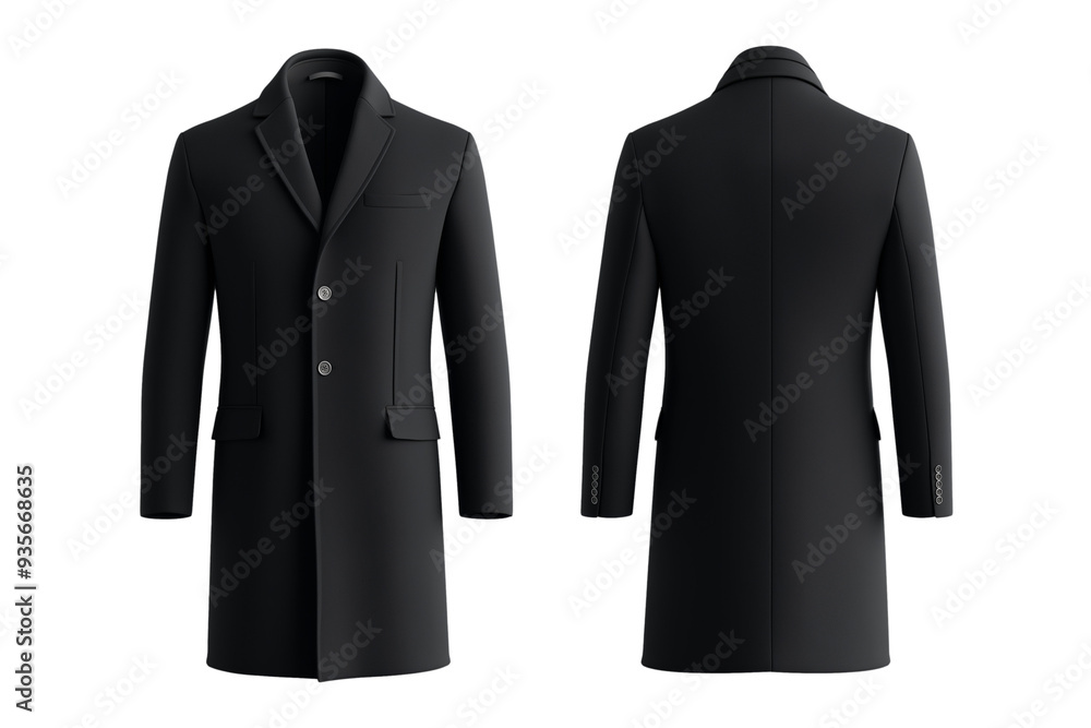 Poster classic black coat front and back mock up with tailored fit and button details isolated on transpare