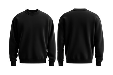 Cozy black sweater front and back mock up with ribbed cuffs and crew neck isolated on transparent background 