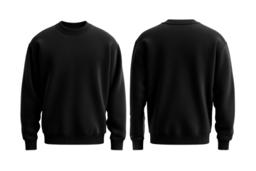 Cozy black sweater front and back mock up with ribbed cuffs and crew neck isolated on transparent background 