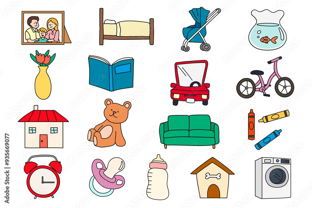 Wall mural Png home decor objects stickers set, cartoon illustration, transparent background