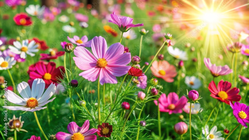 Poster beautiful field of colorful cosmos flower in a meadow in nature in the rays of sunlight in summer in