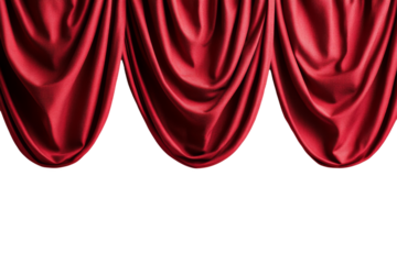 Deep ruby red curtain with vintage style drapery isolated on transparent background 