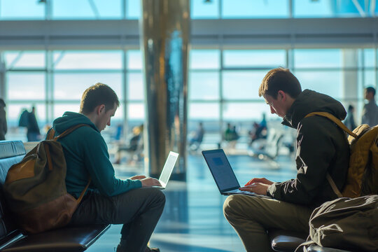 Digital Nomads at Airport: Modern Travelers Working on Laptops on the Move