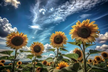 Fototapeta premium Vibrant yellow sunflowers sway gently in the breeze under a brilliant blue sky with puffy white clouds on a warm and serene summer day.