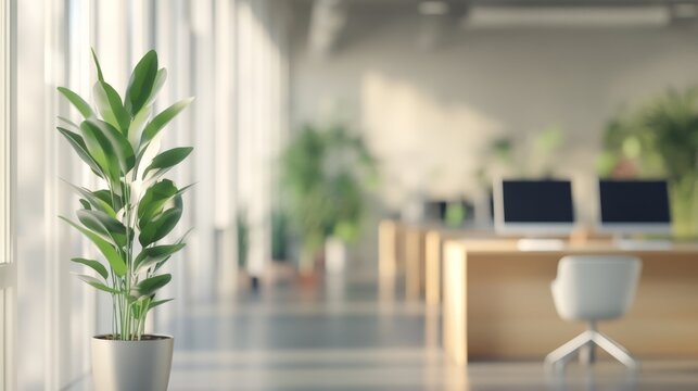 Bright office interior featuring green plants and modern workstations during daylight hours
