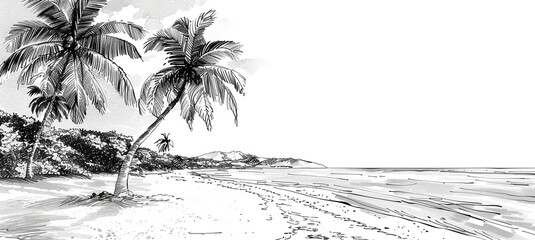 Beach scene with palm trees and coastline monochrome sketch
