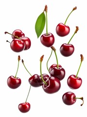Sweet cherries with leaves levitating in air. File contains clipping paths
