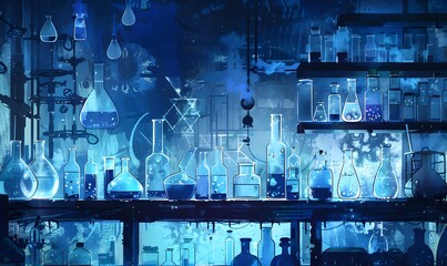 beaker and flask in science laboratory with chemical structure blue banner background. 