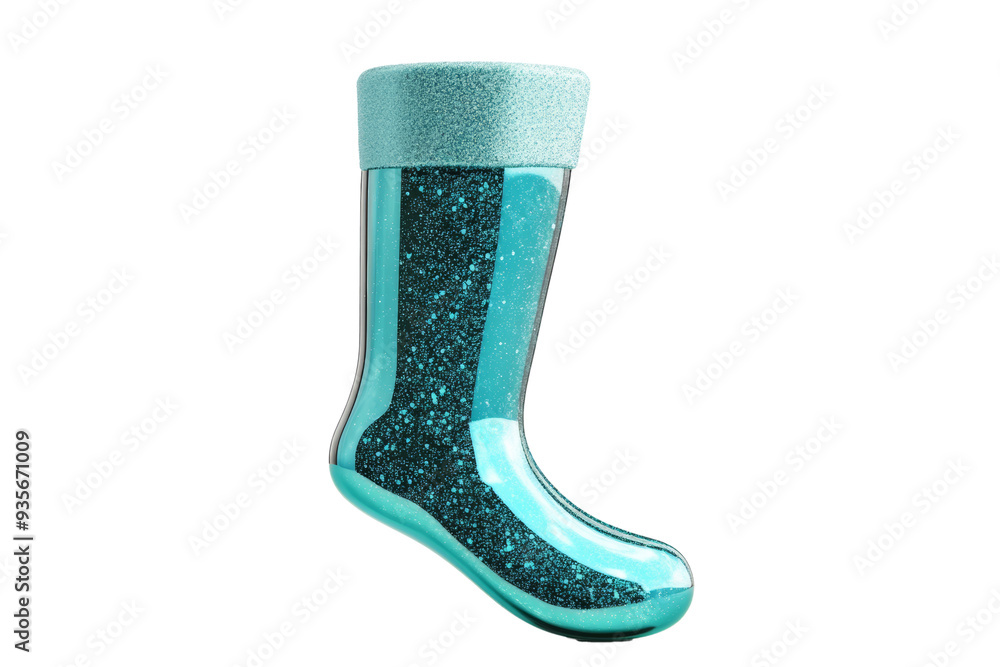 Poster frosty 3d glass stocking with winter pattern and shiny surface isolated on transparent background