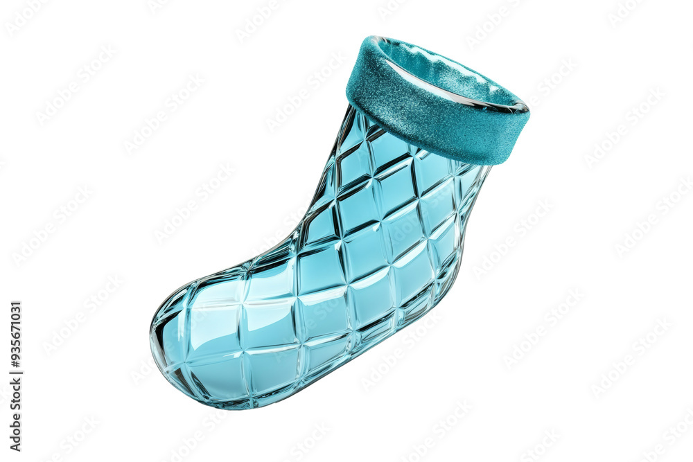 Poster frosty 3d glass stocking with winter pattern and shiny surface isolated on transparent background