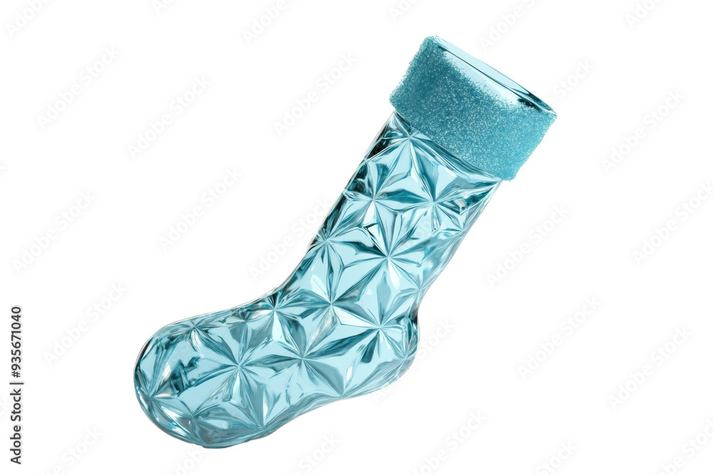 Poster frosty 3d glass stocking with winter pattern and shiny surface isolated on transparent background