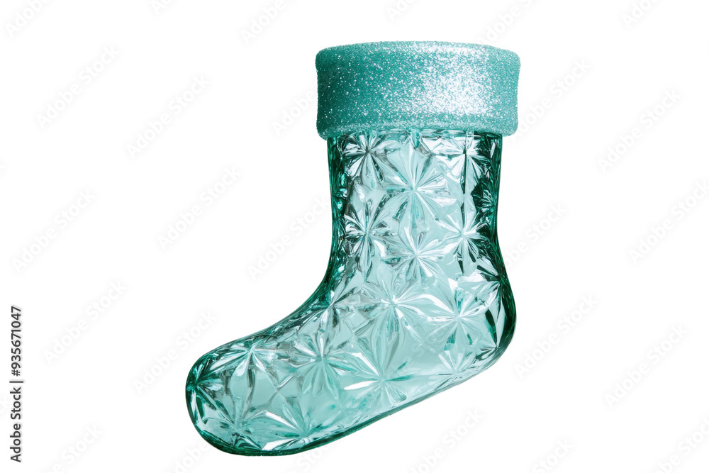 Poster frosty 3d glass stocking with winter pattern and shiny surface isolated on transparent background