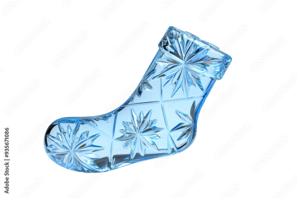 Poster frosty 3d glass stocking with winter pattern and shiny surface isolated on transparent background