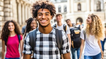 Fototapeta premium Teen Friends Walking Together Urban Streets Backpacks Smiling Summer 