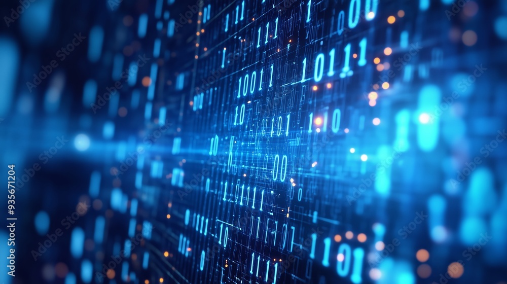 Poster digital data stream flowing through a high-tech network at night