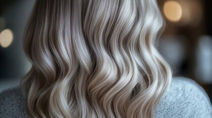 Naklejka premium Long, wavy hair with blonde highlights is displayed from the back, illuminated by soft evening light indoors.