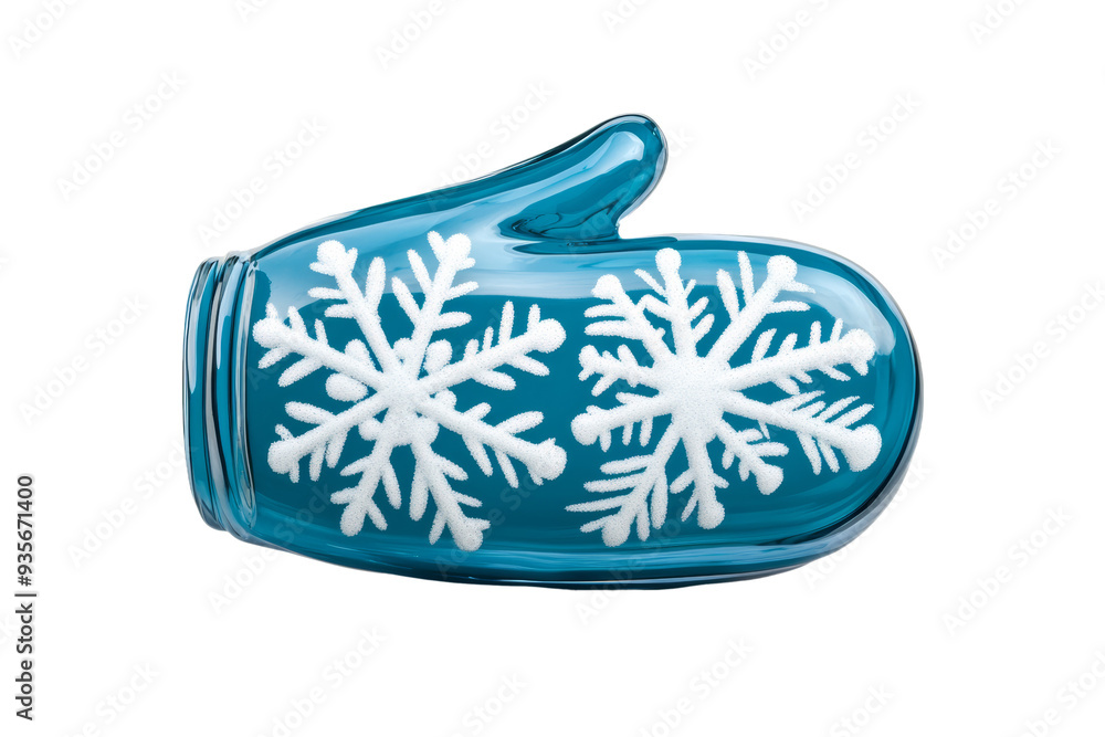 Poster gleaming 3d glass mitten with frosted winter pattern isolated on transparent background