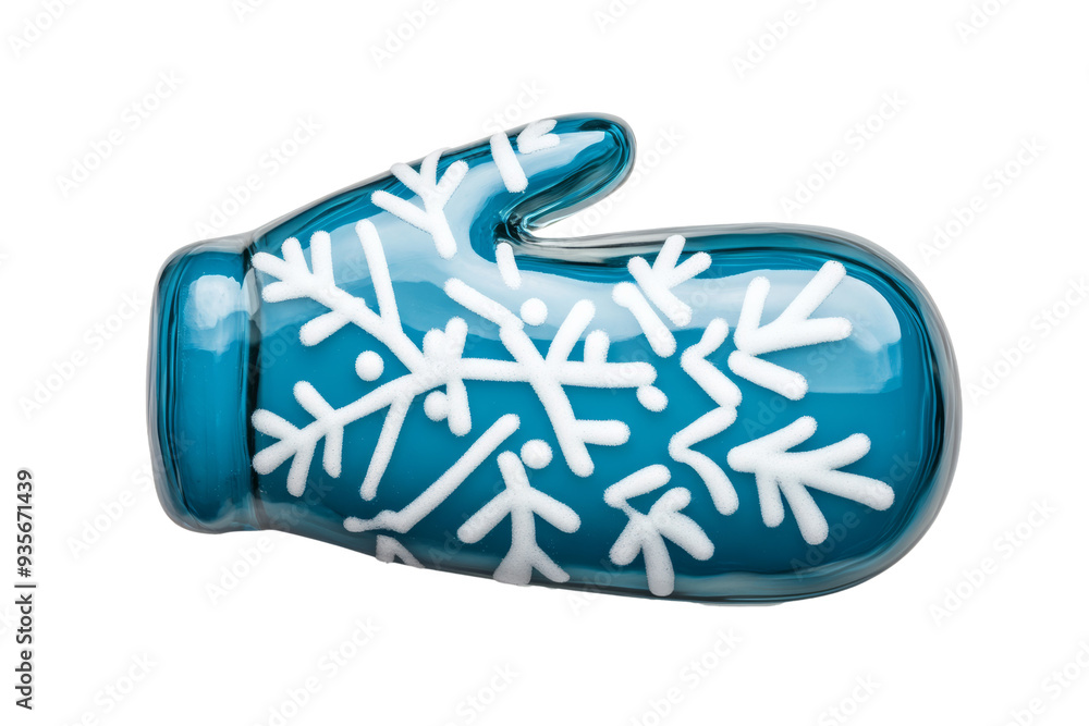 Poster gleaming 3d glass mitten with frosted winter pattern isolated on transparent background