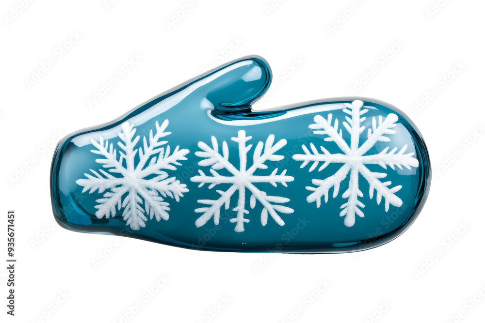 Poster gleaming 3d glass mitten with frosted winter pattern isolated on transparent background