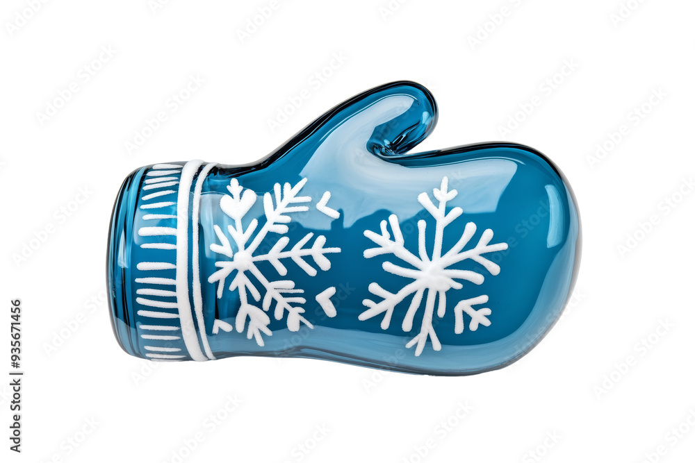 Poster gleaming 3d glass mitten with frosted winter pattern isolated on transparent background