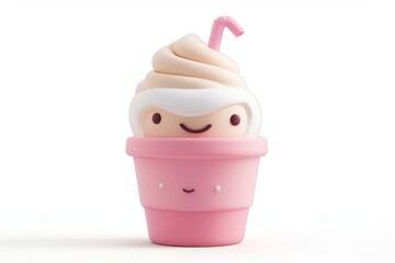 Cute cartoon ice cream with pink cup and straw.