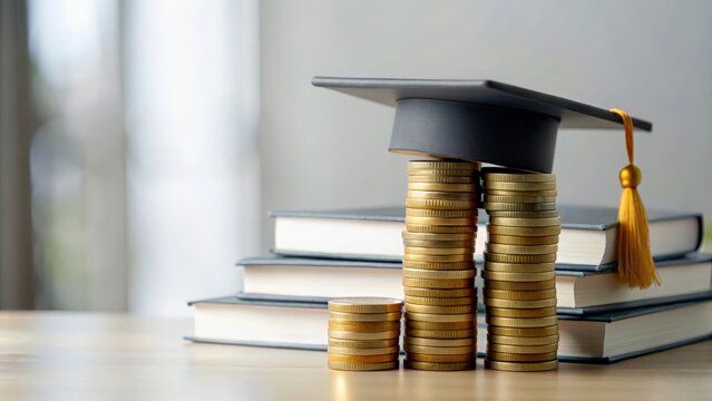 Scholarship and Grants Background - Books and coins with a scholarship application, representing financial aid in education.
