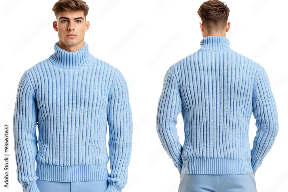 Poster light blue pullover front and back mock up with ribbed texture and comfortable fit isolated on trans