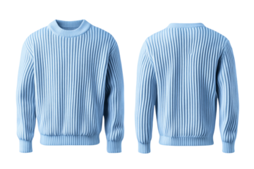 Light blue pullover front and back mock up with ribbed texture and comfortable fit isolated on transparent background 