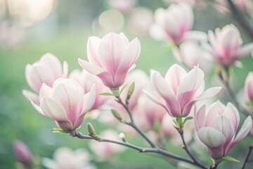 Soft pink petals unfold from delicate magnolia buds, swaying gently in the spring breeze, surrounded by lush greenery in a serene and tranquil garden setting.