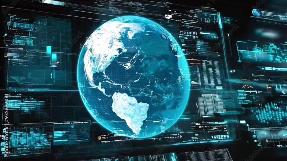Poster a digital representation of the earth is showcased on a high-tech screen, displaying data and geogra