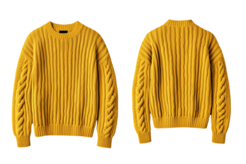 Mustard yellow sweater front and back mock up with cozy fit and textured knit pattern isolated on transparent background 