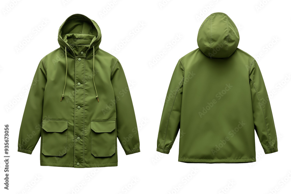 Poster olive green parka coat front and back mock up with drawstring waist and patch pockets isolated on tr