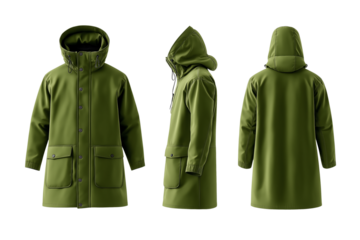 Olive green parka coat front and back mock up with drawstring waist and patch pockets isolated on transparent background 