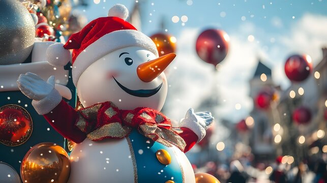 75. A lively holiday parade with festive floats, balloons, and marching bands