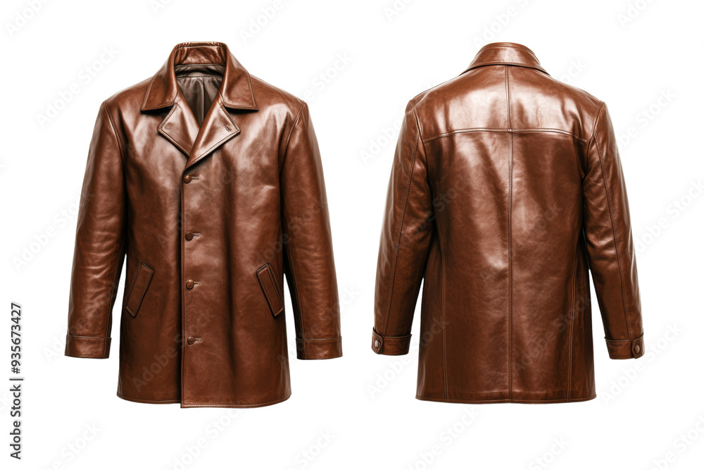 Poster rich brown leather coat front and back mock up with sleek finish and structured shoulders isolated o