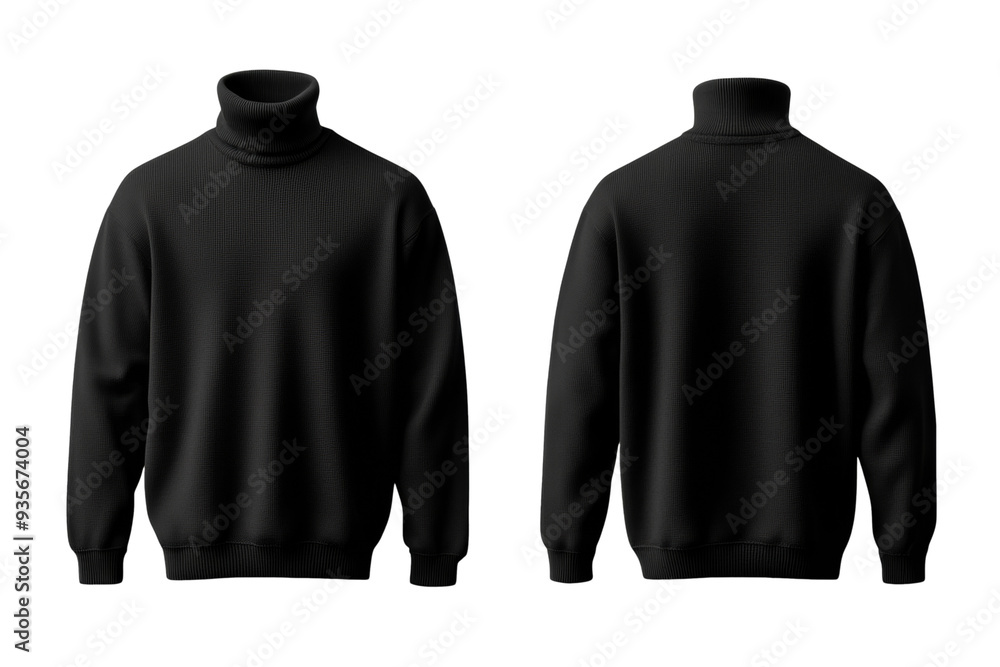 Poster sleek black turtleneck sweater front and back mock up with fitted style isolated on transparent back