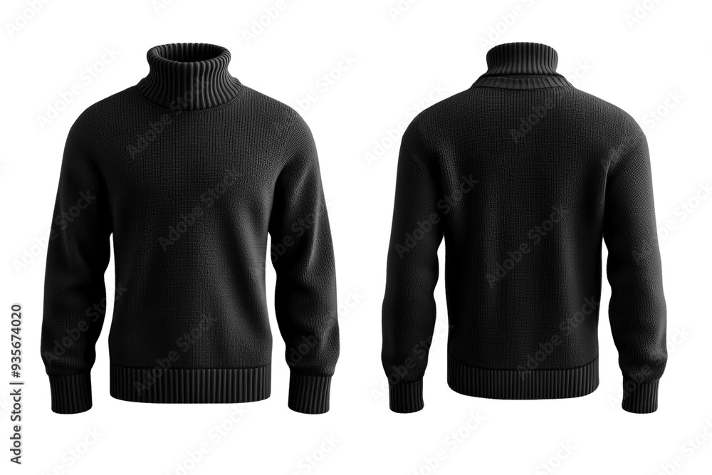 Poster sleek black turtleneck sweater front and back mock up with fitted style isolated on transparent back