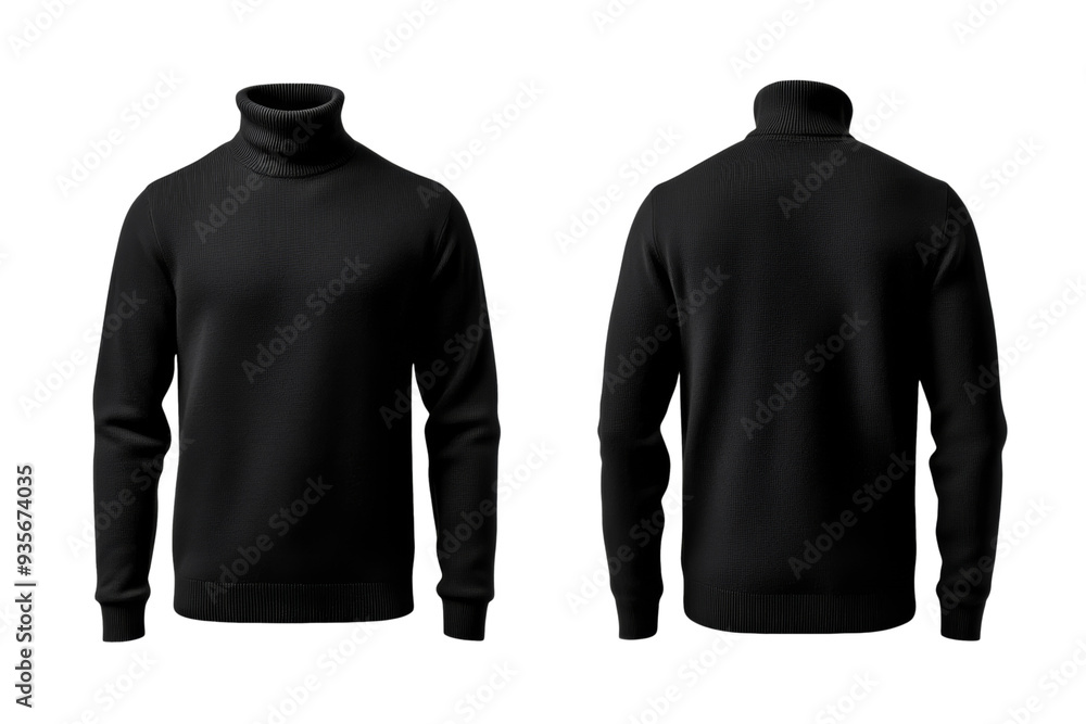 Poster sleek black turtleneck sweater front and back mock up with fitted style isolated on transparent back