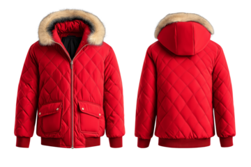 Sleek red winter coat front and back mock up with fur lined hood and zipper details isolated on transparent background 