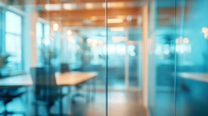 Modern office interior with glass partitions and natural light during daytime hours